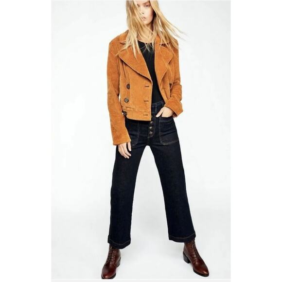 Free People Corduroy‎ Jacket Relaxed Double Breasted Peacoat Golden Brown - Picture 1 of 13